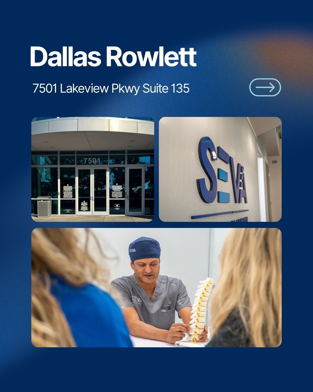 Dallas Rowlett Seva Healthcare office address with building photos and a meeting scene at 7501 Lakeview Pkwy Suite 135
