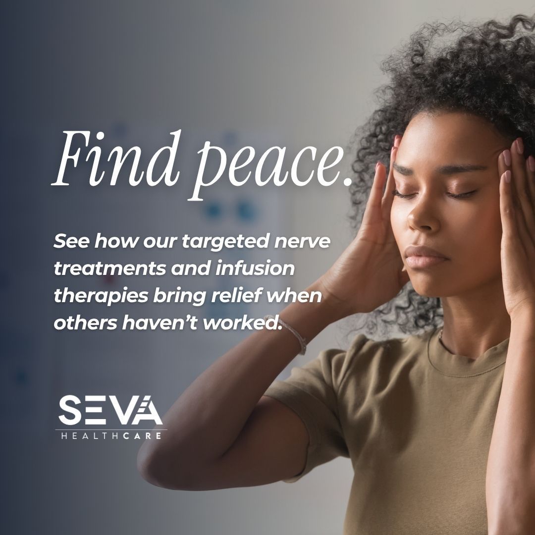 Woman with eyes closed holding temples beside text: “Find peace” and SEVA Health Care logo.