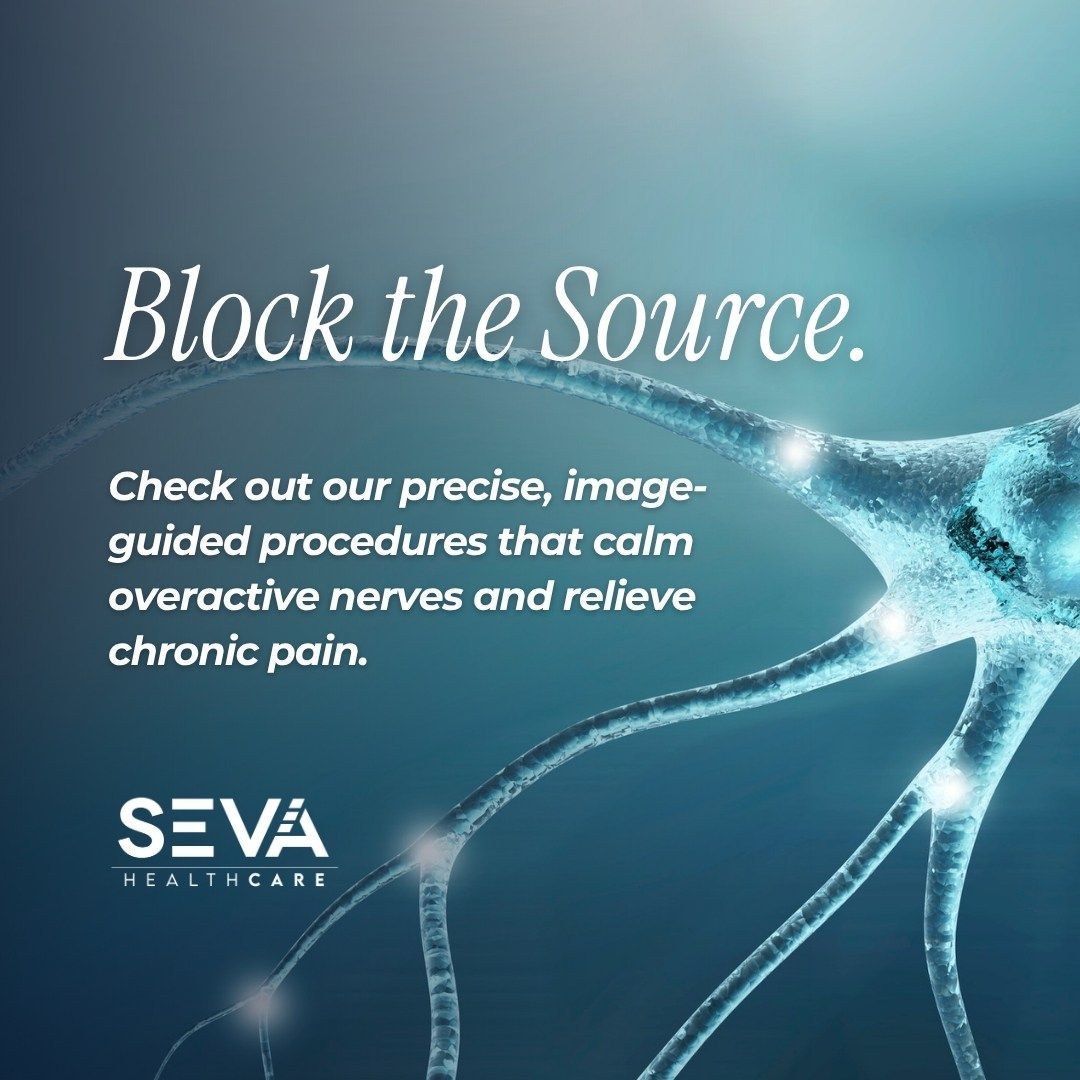 Blue ad with neuron graphic: “Block the Source” and SEVA Health Care chronic pain treatment message