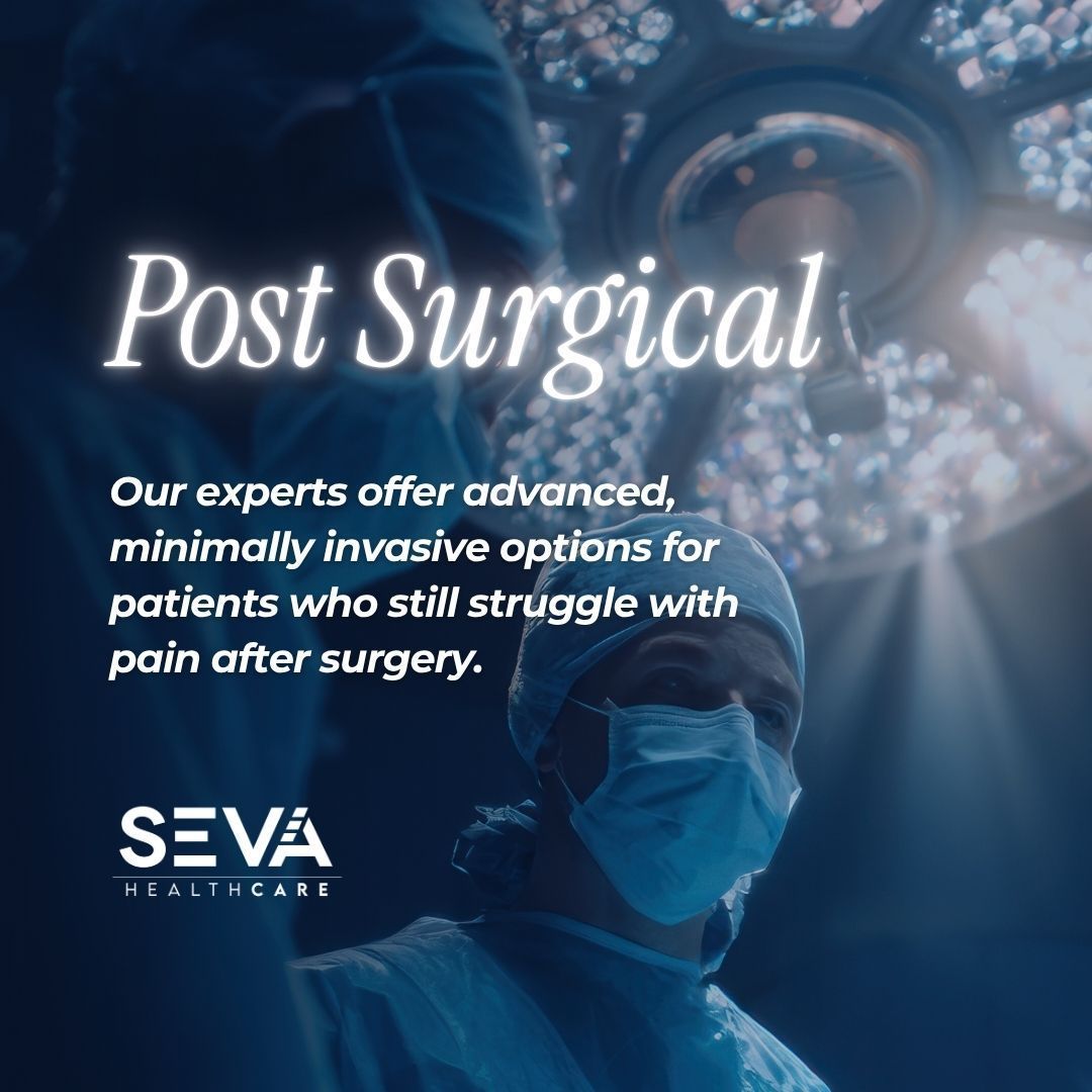 Post Surgical care ad with surgeon in blue and text about advanced minimally invasive options for pain after surgery
