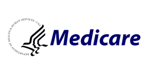Medicare logo in blue with black medical emblem and circular seal on white background