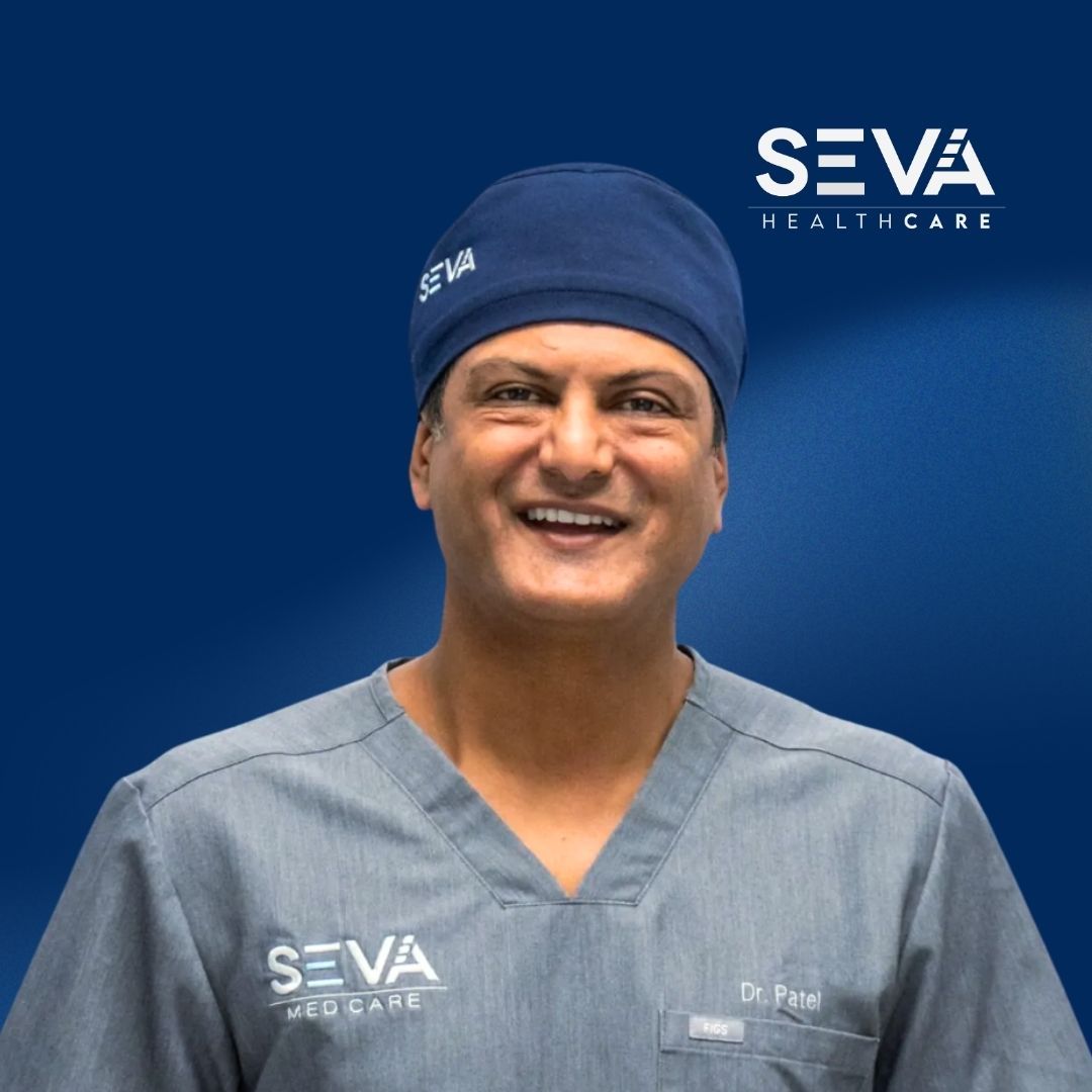 Smiling surgeon in blue scrubs and cap with SEVA Healthcare logo on a blue background