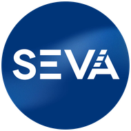 SEVA logo in white on a blue circular background