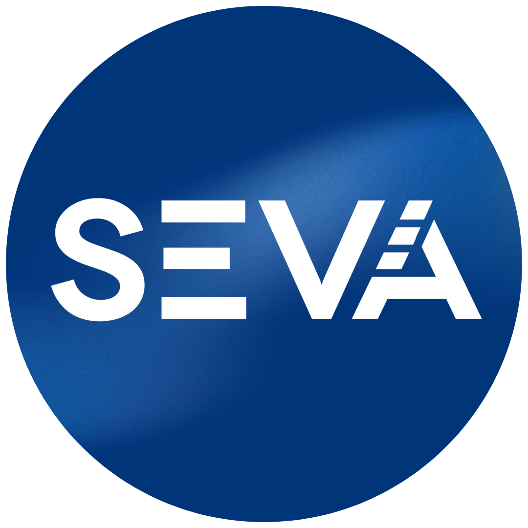Blue circular SEVA logo with white text and a diagonal light streak