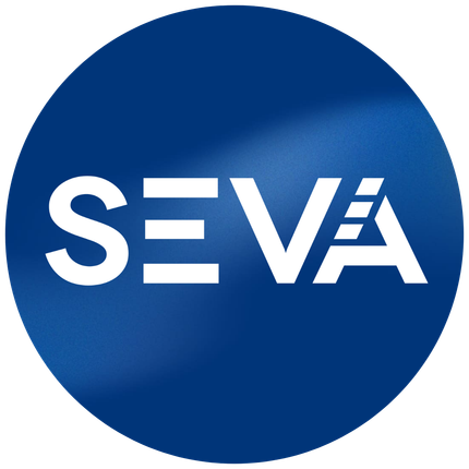 SEVA logo in white on a blue circular background