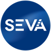 SEVA logo in white on a blue circular background