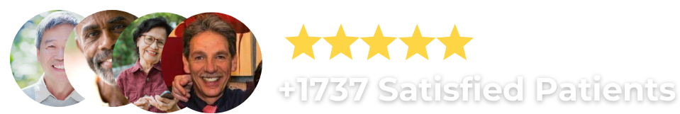 Five gold stars beside smiling patient profile photos and “97% Satisfied Patients” text