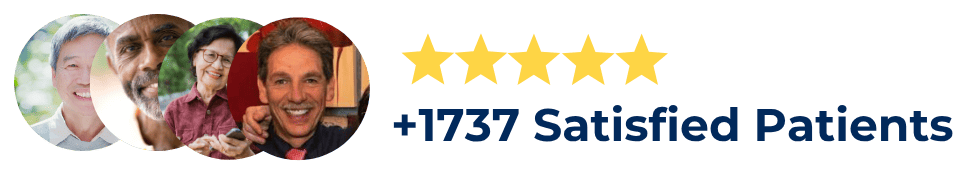 Five smiling faces with five gold stars and text “+1737 Satisfied Patients”