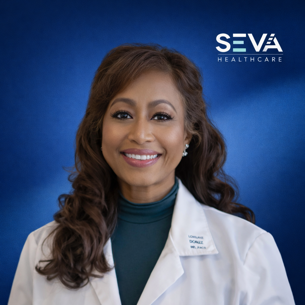 Smiling healthcare professional in white coat against a blue SEVA Healthcare backdrop
