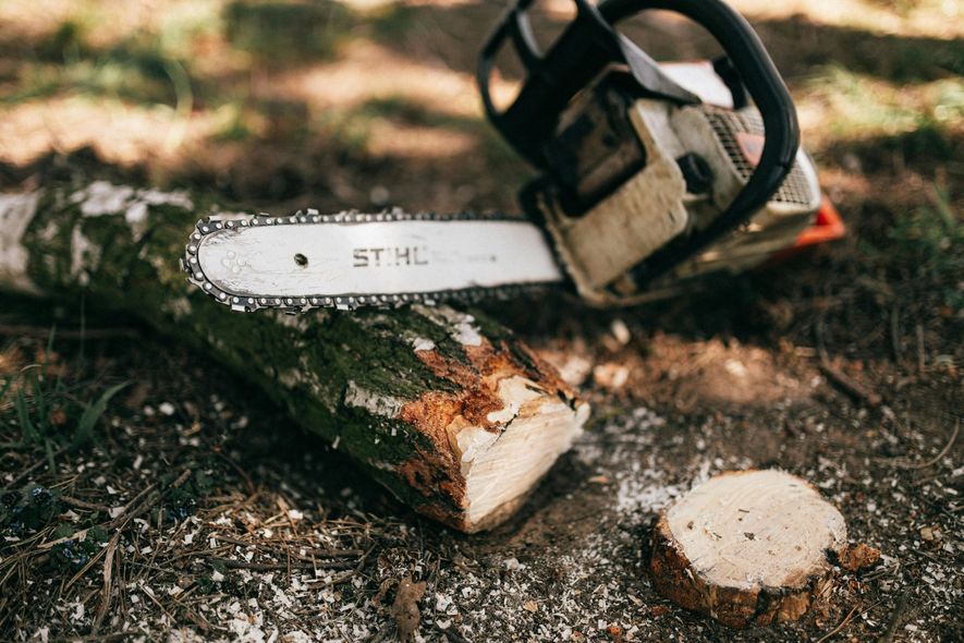 A chainsaw resting on a cut log with a freshly cut piece beside it, outdoors. The saw is a white and black STIHL.