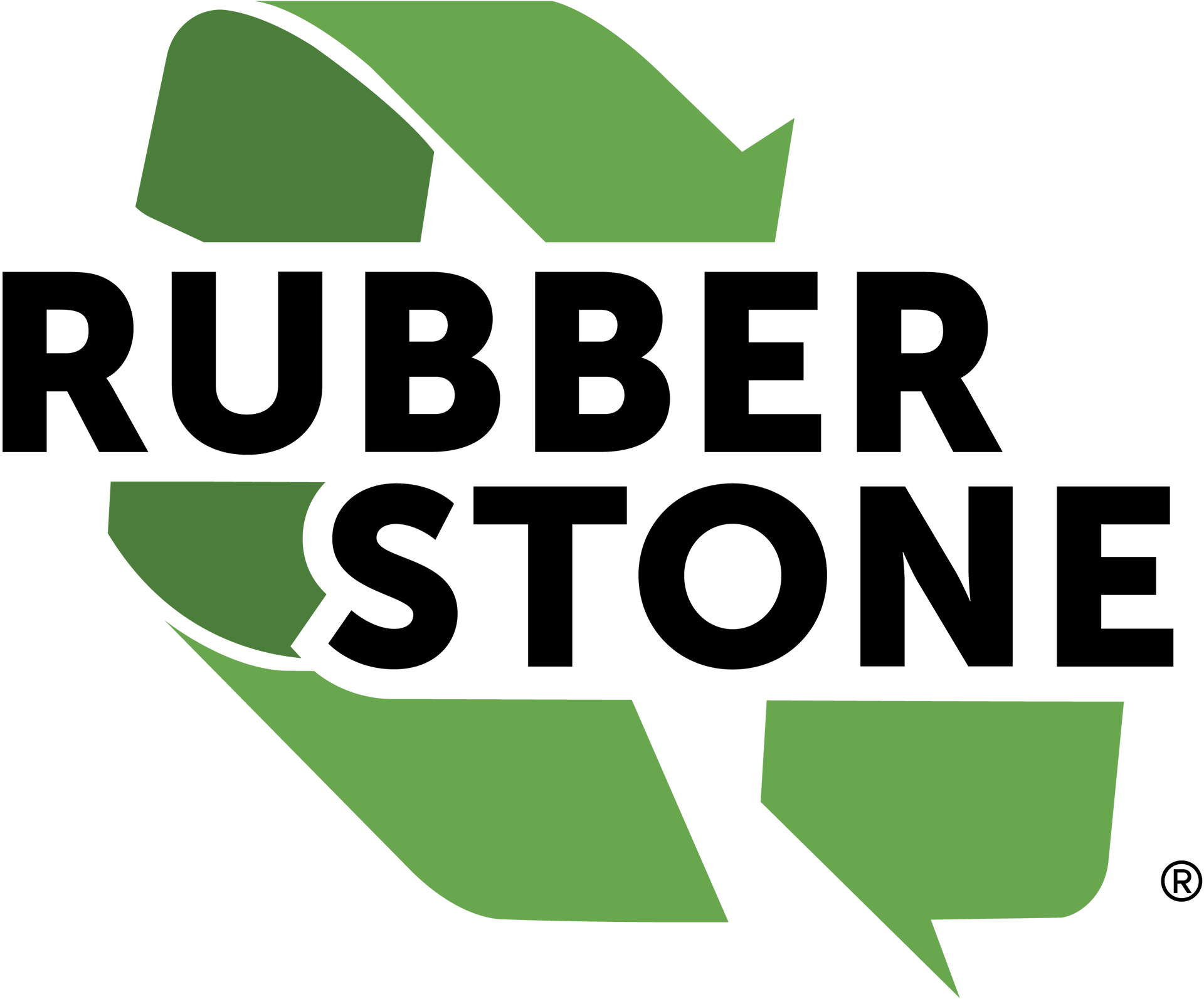 Rubber Stone logo in black text over green curved shapes