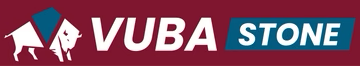 VUBA STONE logo with stylized white roof icon on a maroon and teal background