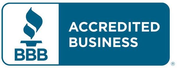 BBB Accredited Business logo with white text on a blue and white background