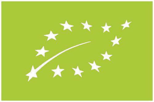 EU organic logo: white stars and leaf on green background