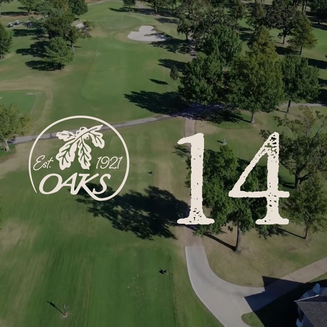 Aerial view of golf course hole 14 at Oaks Golf Club. The logo features an oak leaf.