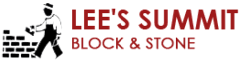 Lee’s Summit Block & Stone logo with a worker silhouette and stacked stones in black and red.