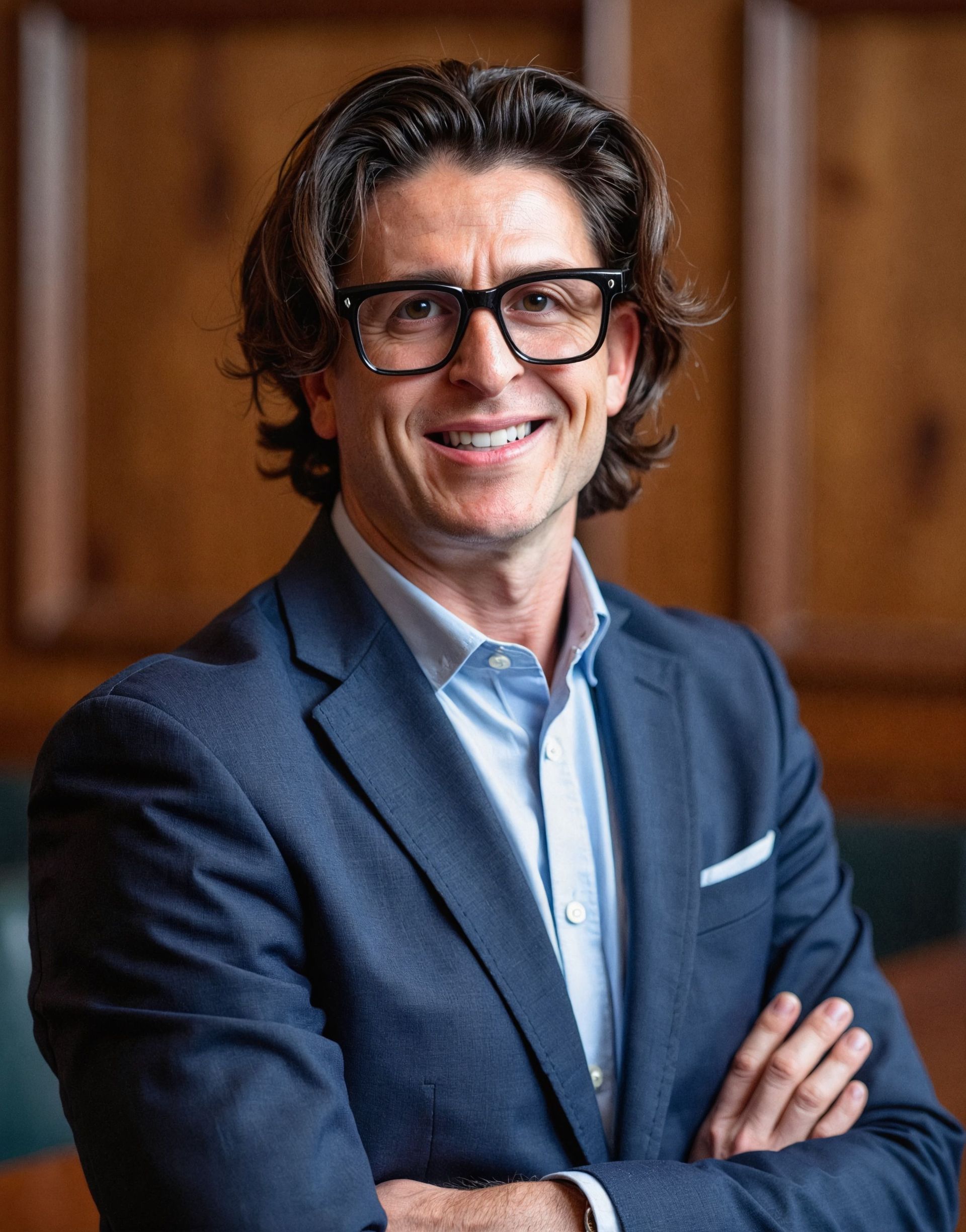 A man in a suit and glasses is smiling with his arms crossed