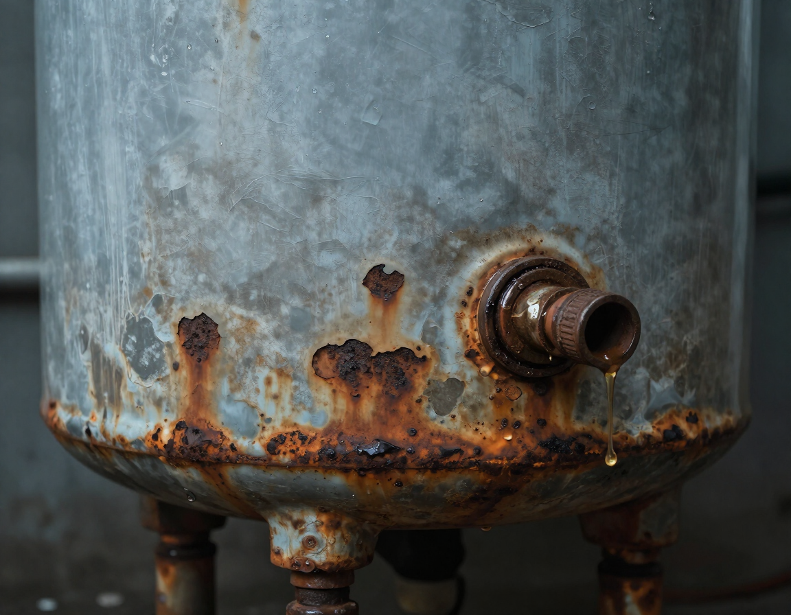 Corroded aging water heater tank with rust and dripping fitting