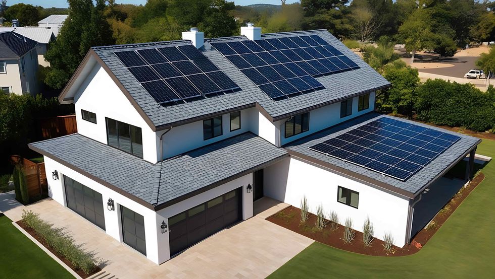 A two-story white modern house with a gray roof and extensive solar panel installations on multiple roof sections.
