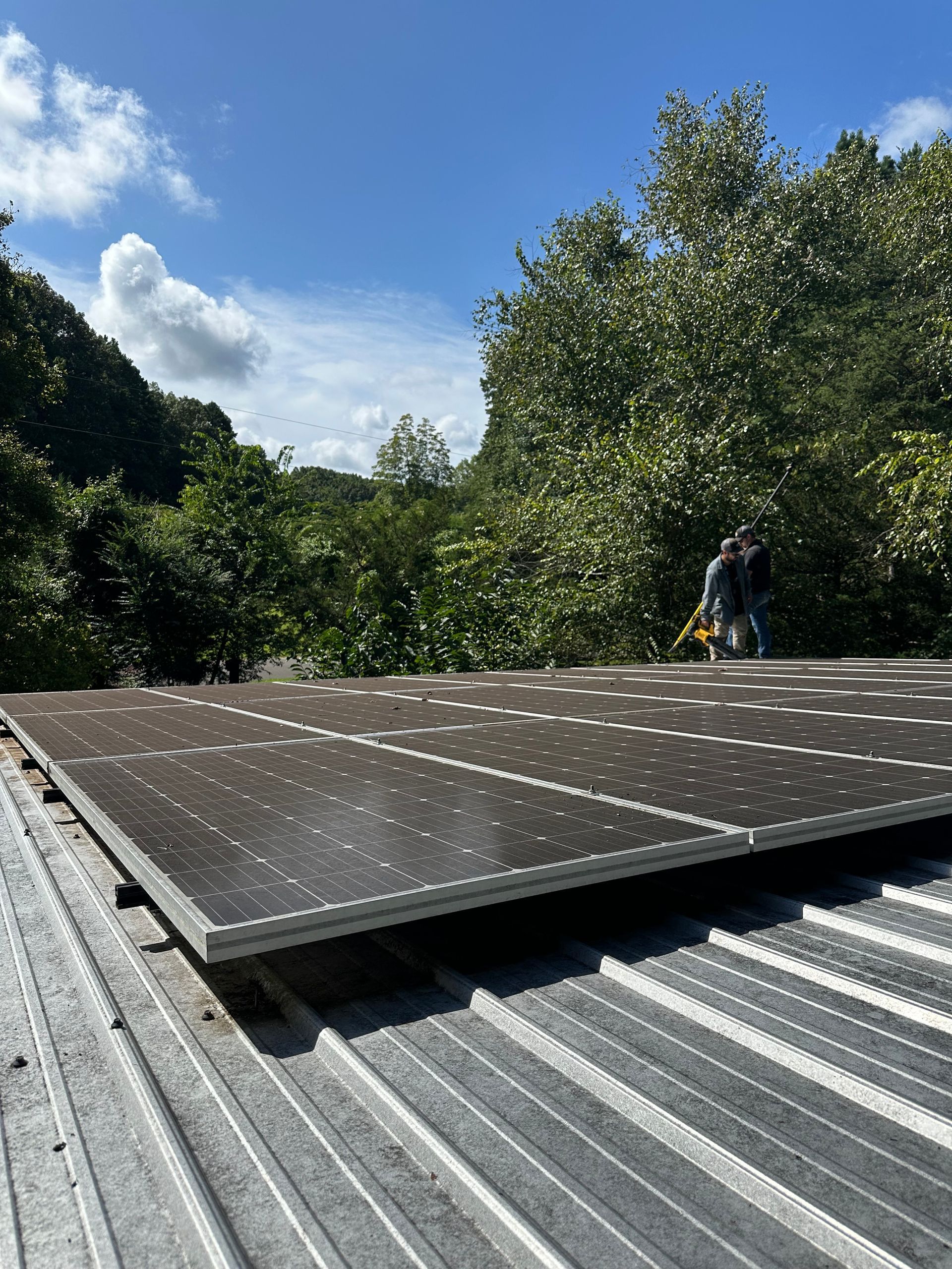 Worker cleans dark solar panels on a roof under a bright blue sky surrounded by trees.