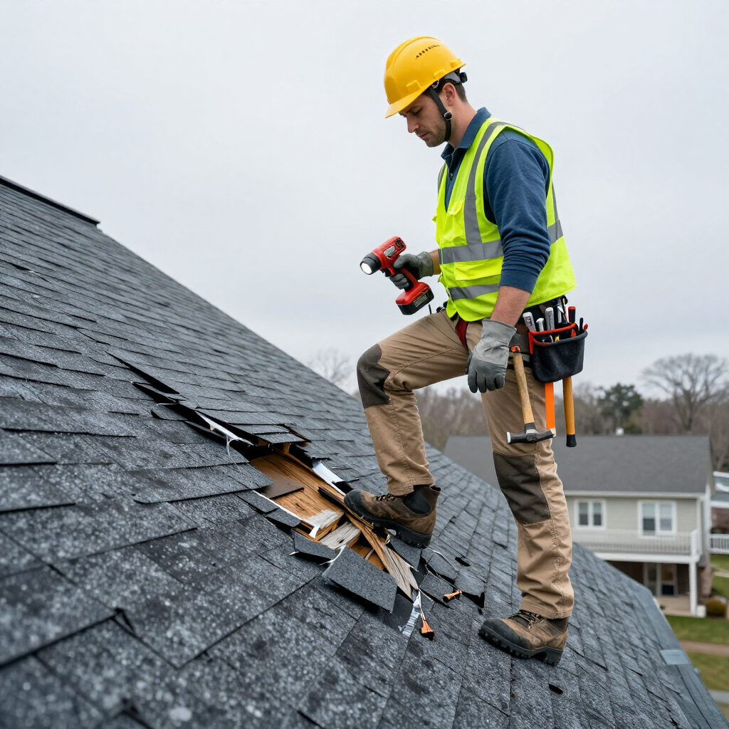 Worker in a yellow hard hat repairs damaged shingles on a steep roof with a power drill.