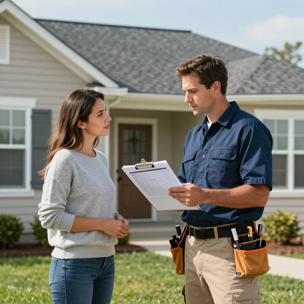 Two people reviewing a clipboard outside a suburban house, one wearing a tool belt.