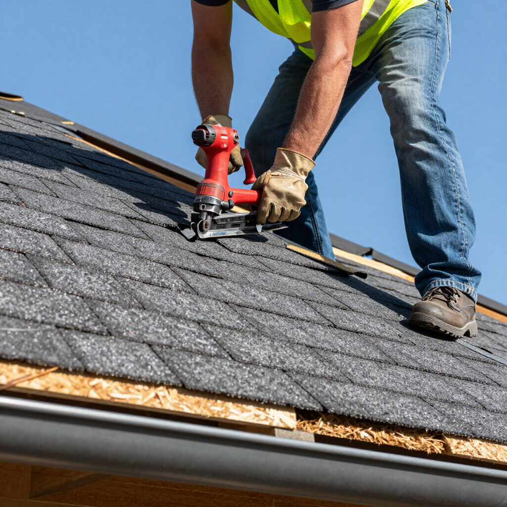Worker installing roofing shingles with a nail gun on a house roof
