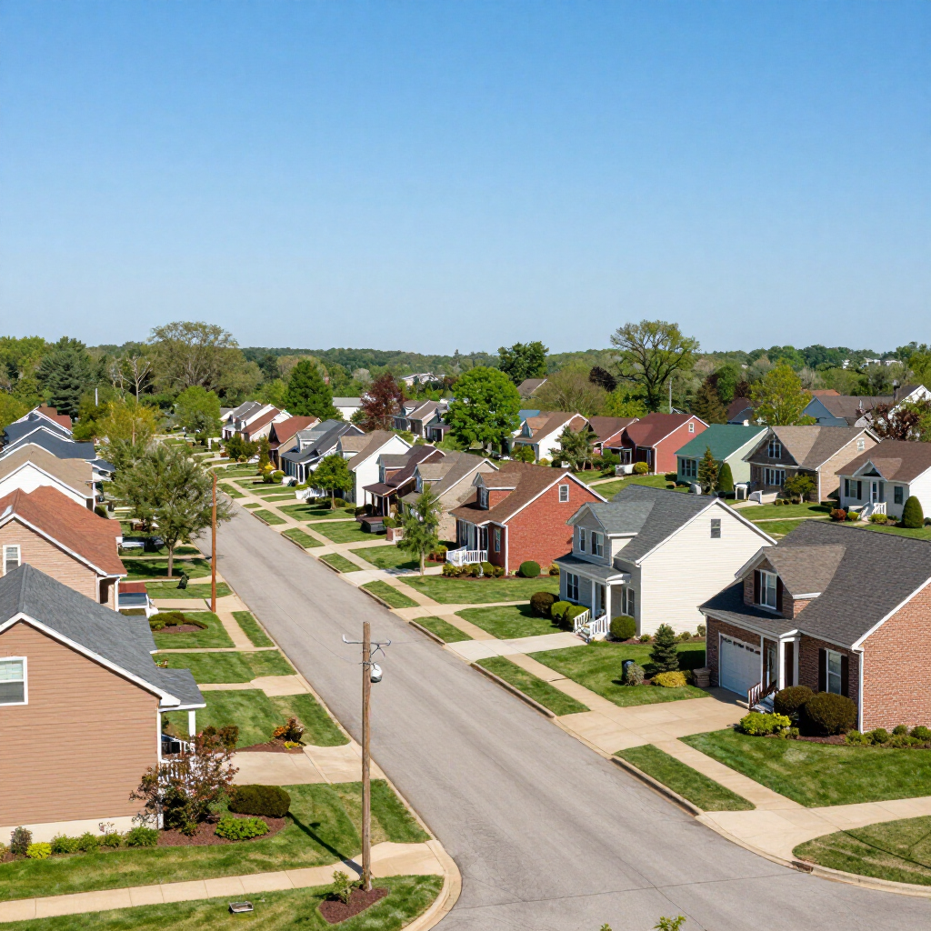 Suburban neighborhood with single-family homes lining a quiet street under a clear blue sky