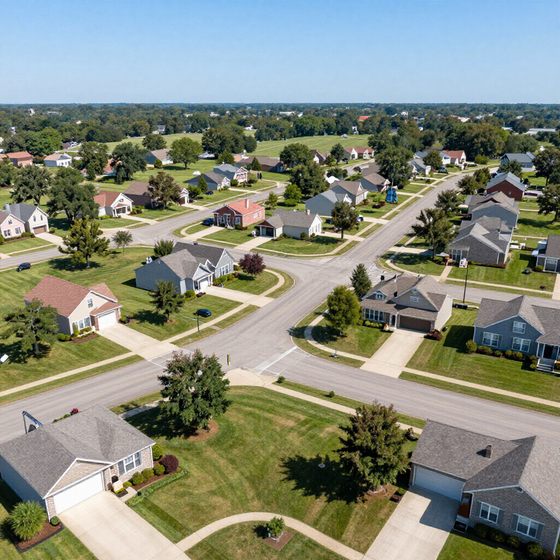 Aerial view of a suburban neighborhood with houses, streets, and green lawns on a sunny day