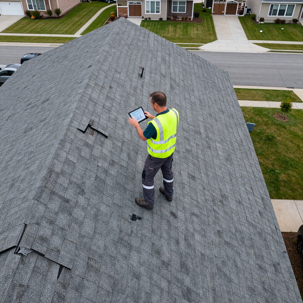 Worker in a neon safety vest inspecting a gray shingle roof with a tablet, near suburban homes.