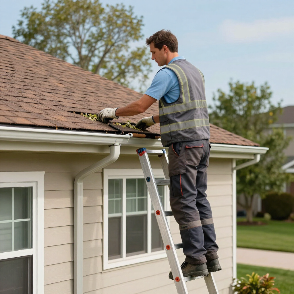 Worker on a ladder repairing a roof gutter on a house.