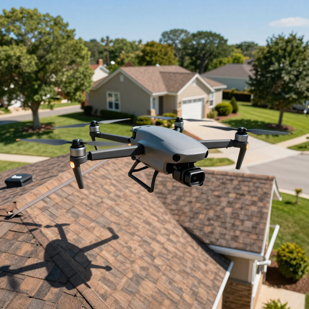 Drone hovering above a suburban rooftop on a sunny day
