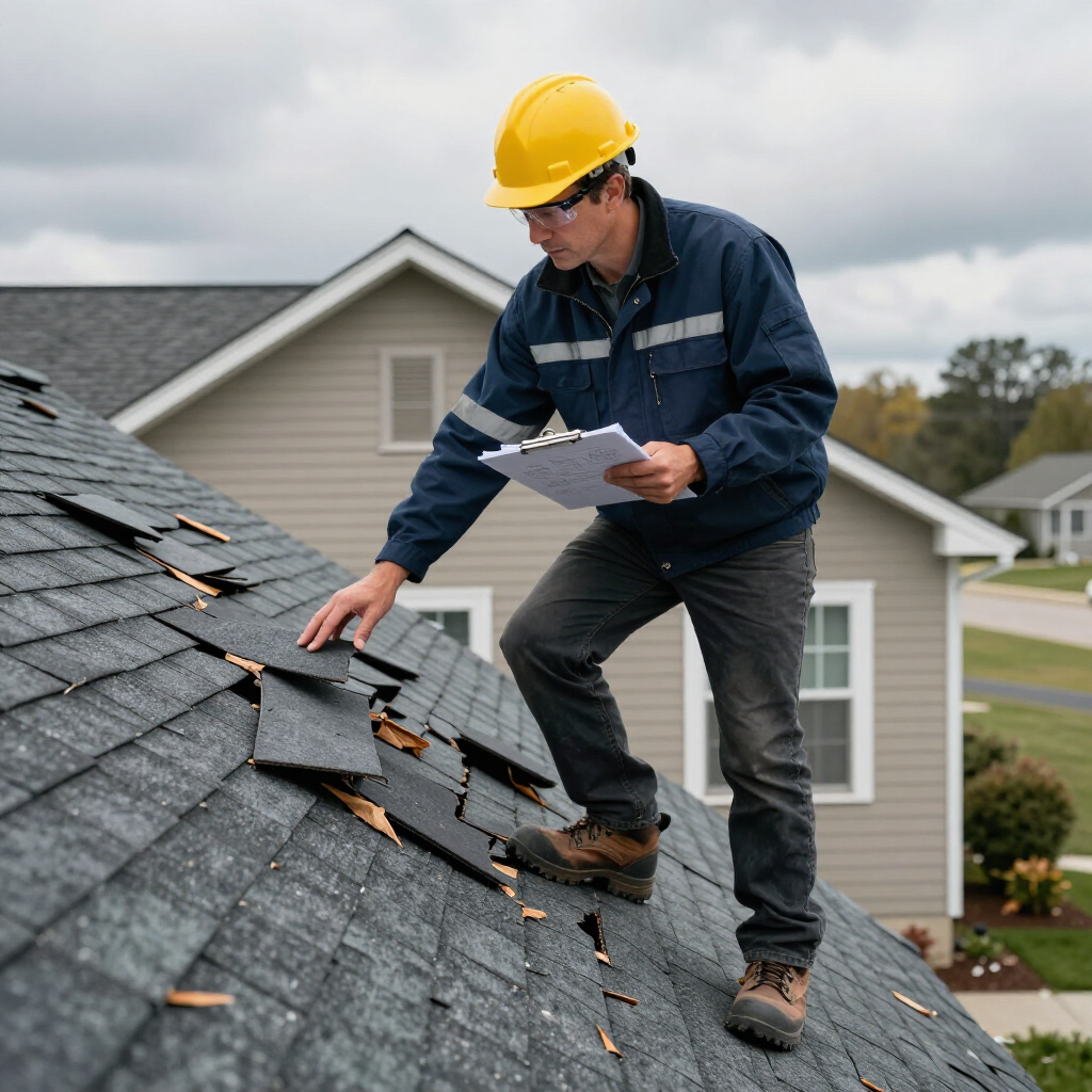 Inspector in a yellow hard hat examining roof shingles on a steep residential roof.
