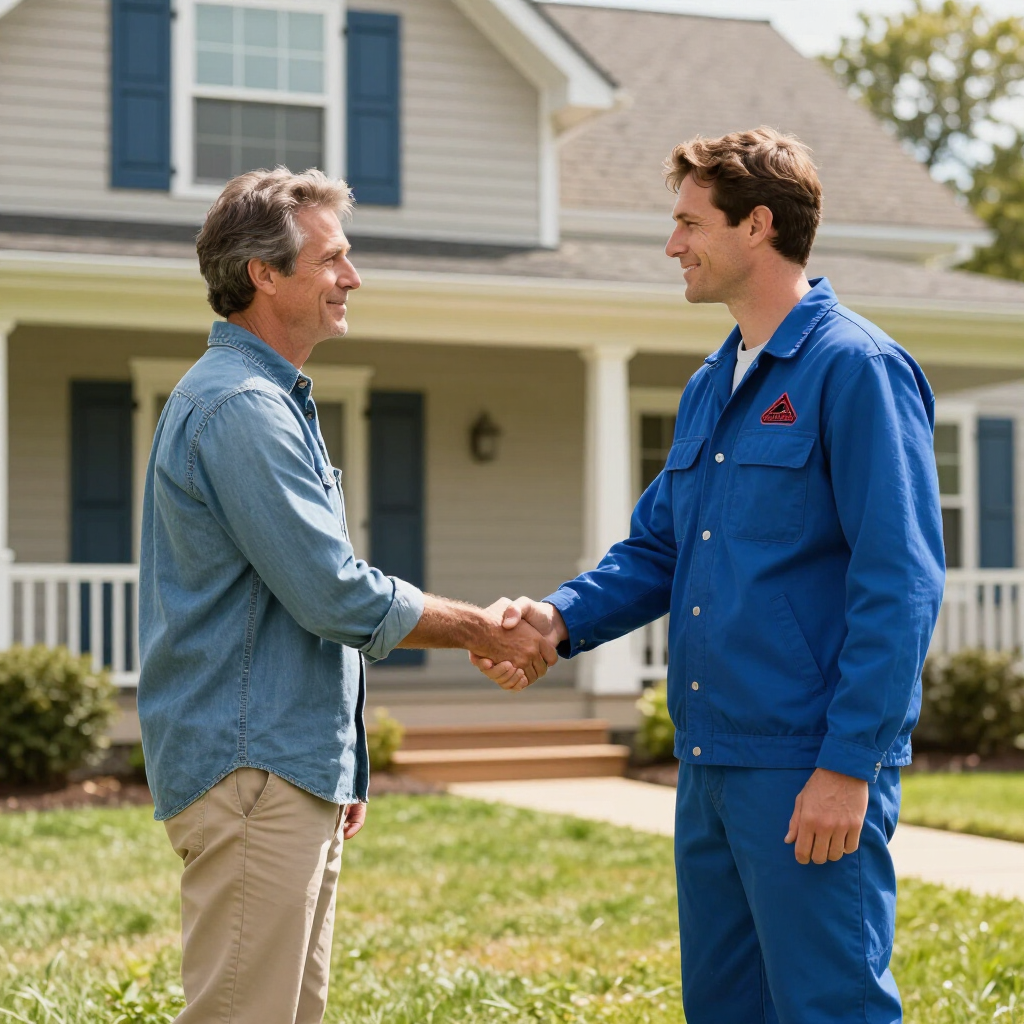 Two men shaking hands in front of a suburban house, one in a blue work uniform and one in casual clothes