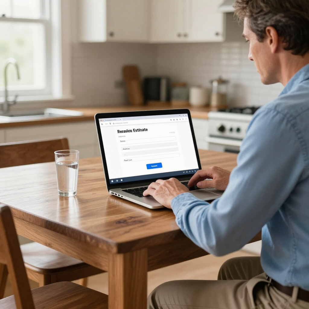 Man typing on a laptop at a kitchen table with a glass of water nearby