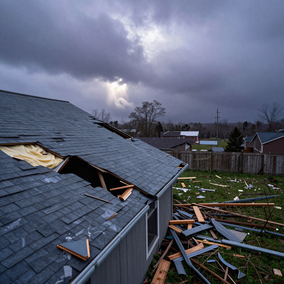 Aerial footage of a storm-damaged roof with missing shingles and debris in a yard under dark, cloudy skies