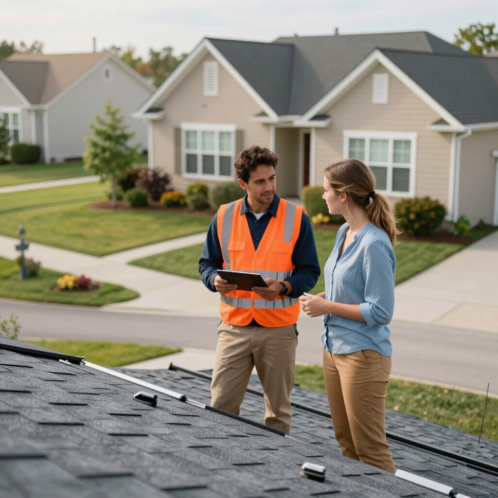 Two contractors in orange vests inspect a suburban roof with tools nearby.