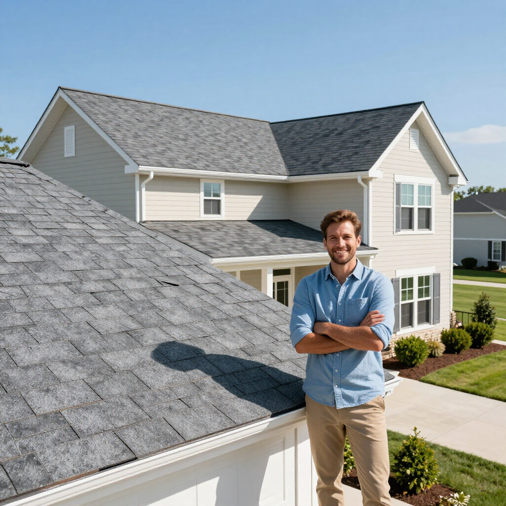 Smiling man standing beside a gray shingled house with a rooftop in the foreground