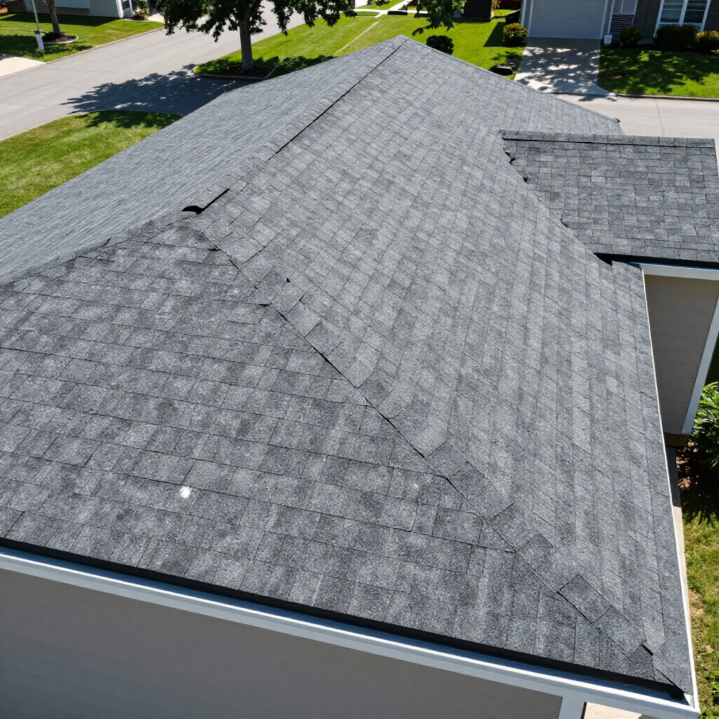Aerial view of a gray shingled house roof with dormers and nearby suburban lawns