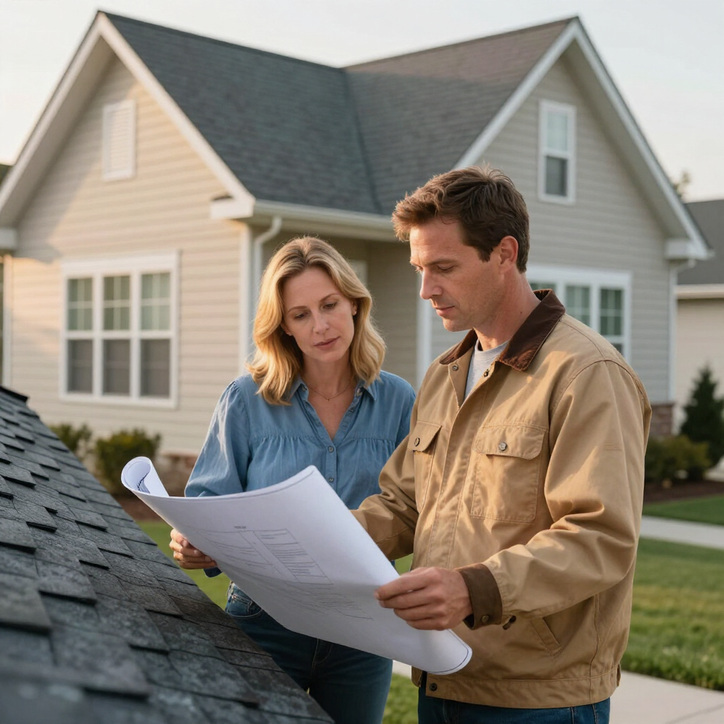 Two people reviewing a house roof inspection report in front of a suburban home