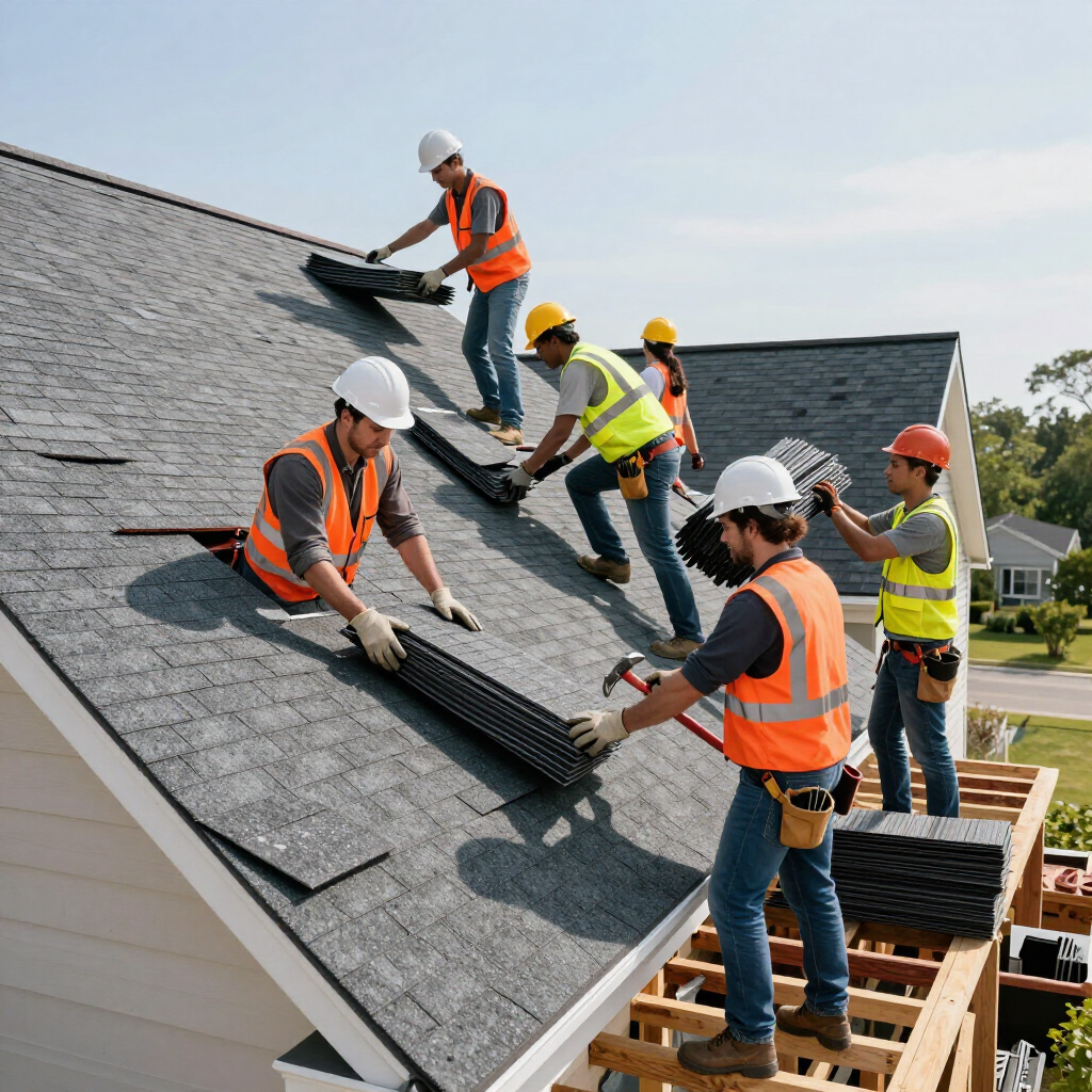 Roofing crew installing shingles on a steep roof, wearing orange safety vests and hard hats.