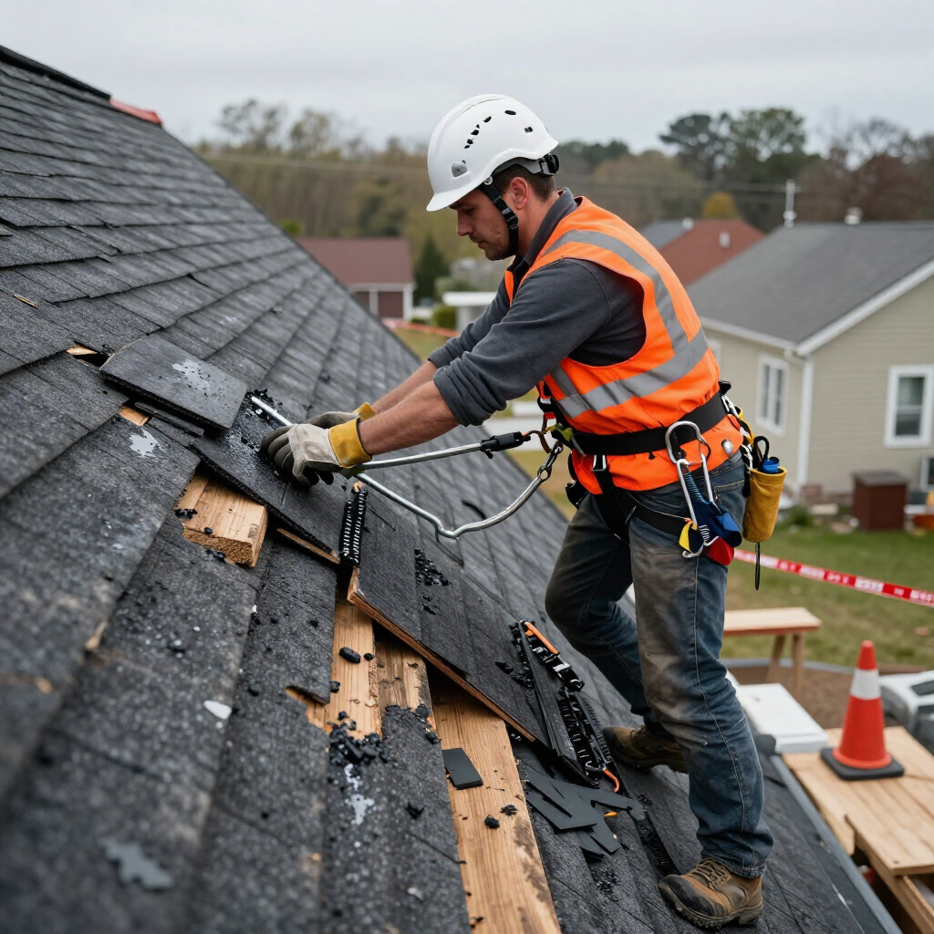 Roof worker in orange safety gear removing damaged shingles with a tool on a steep rooftop.