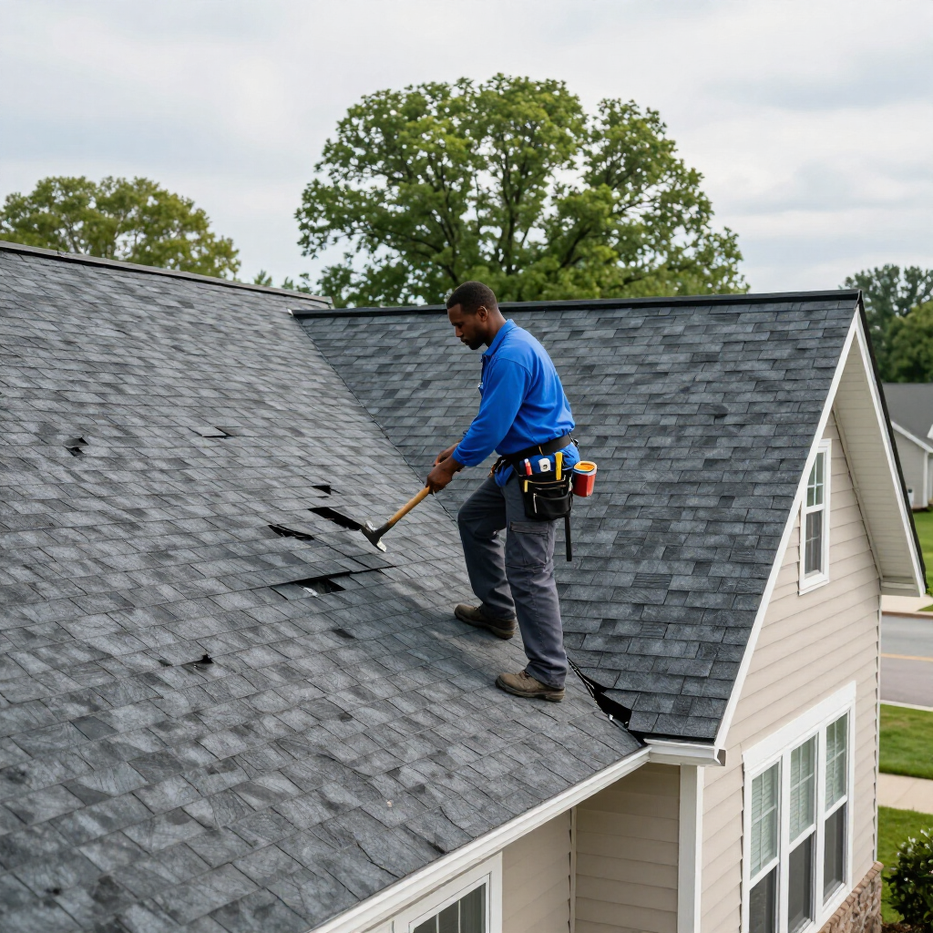 Worker inspecting a gray shingle roof with a tool on a house exterior
