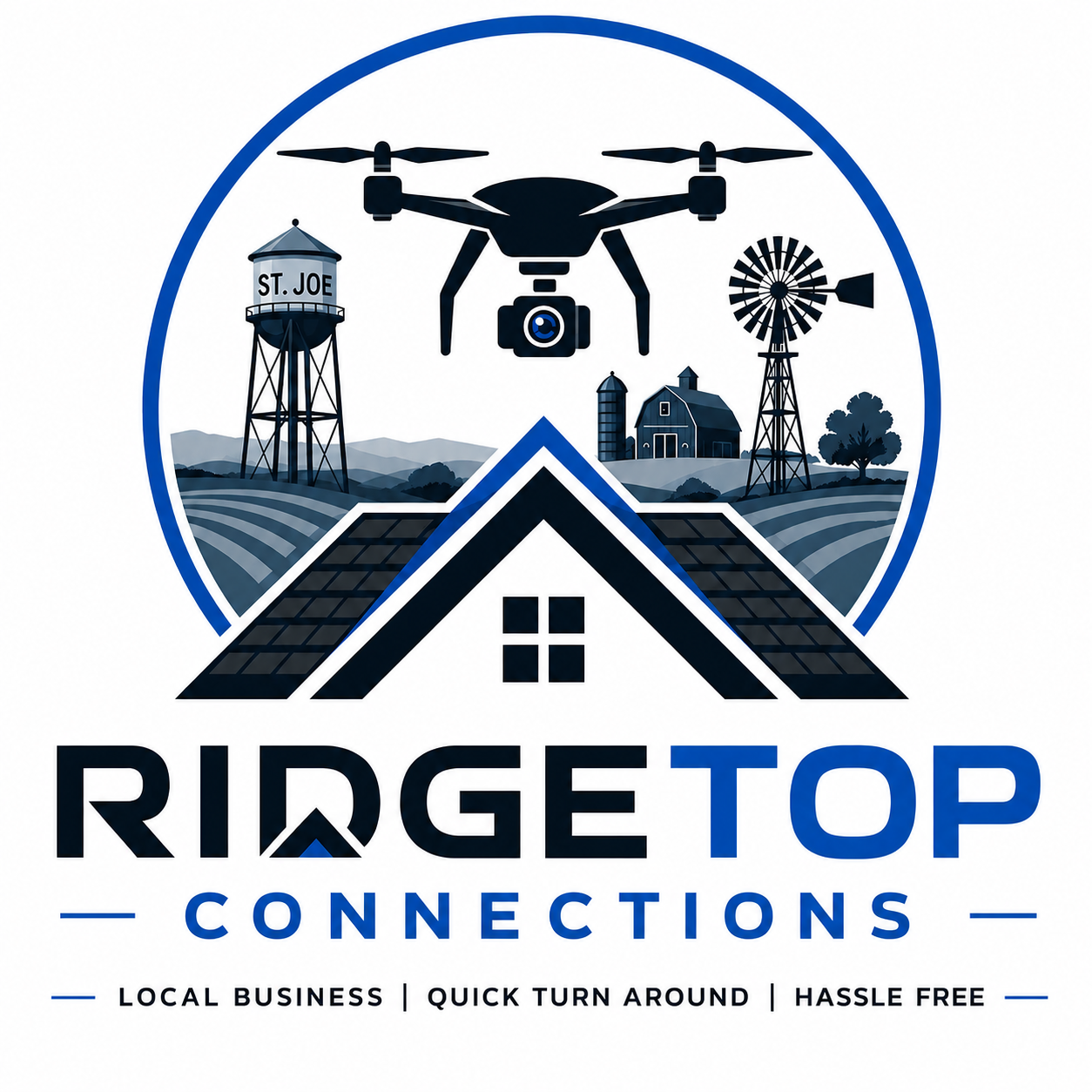 Ridgetop Connections logo with drone, water tower, windmill, and house roof in blue and black
