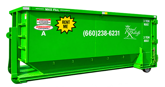 Bright green rental dumpster with white phone number and company logos on the side