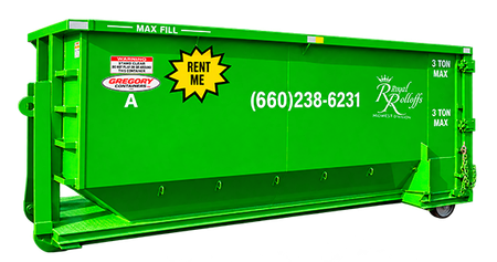 Bright green rental dumpster with white phone number and company logos on the side