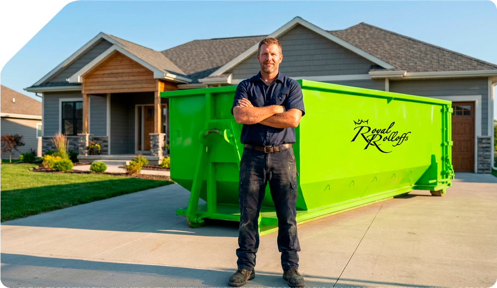 Man standing in front of a bright green dumpster in a suburban driveway, arms crossed.