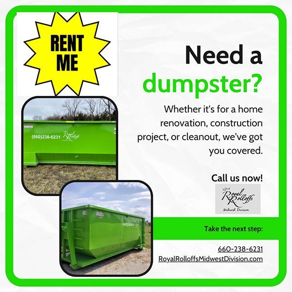 Two men shake hands beside a bright green dumpster at a house construction site.