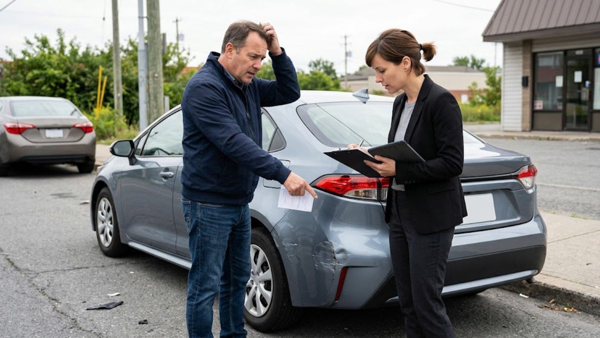 Driver reviewing vehicle damage before filing a diminished value claim