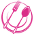 Pink fork and spoon on a plate icon